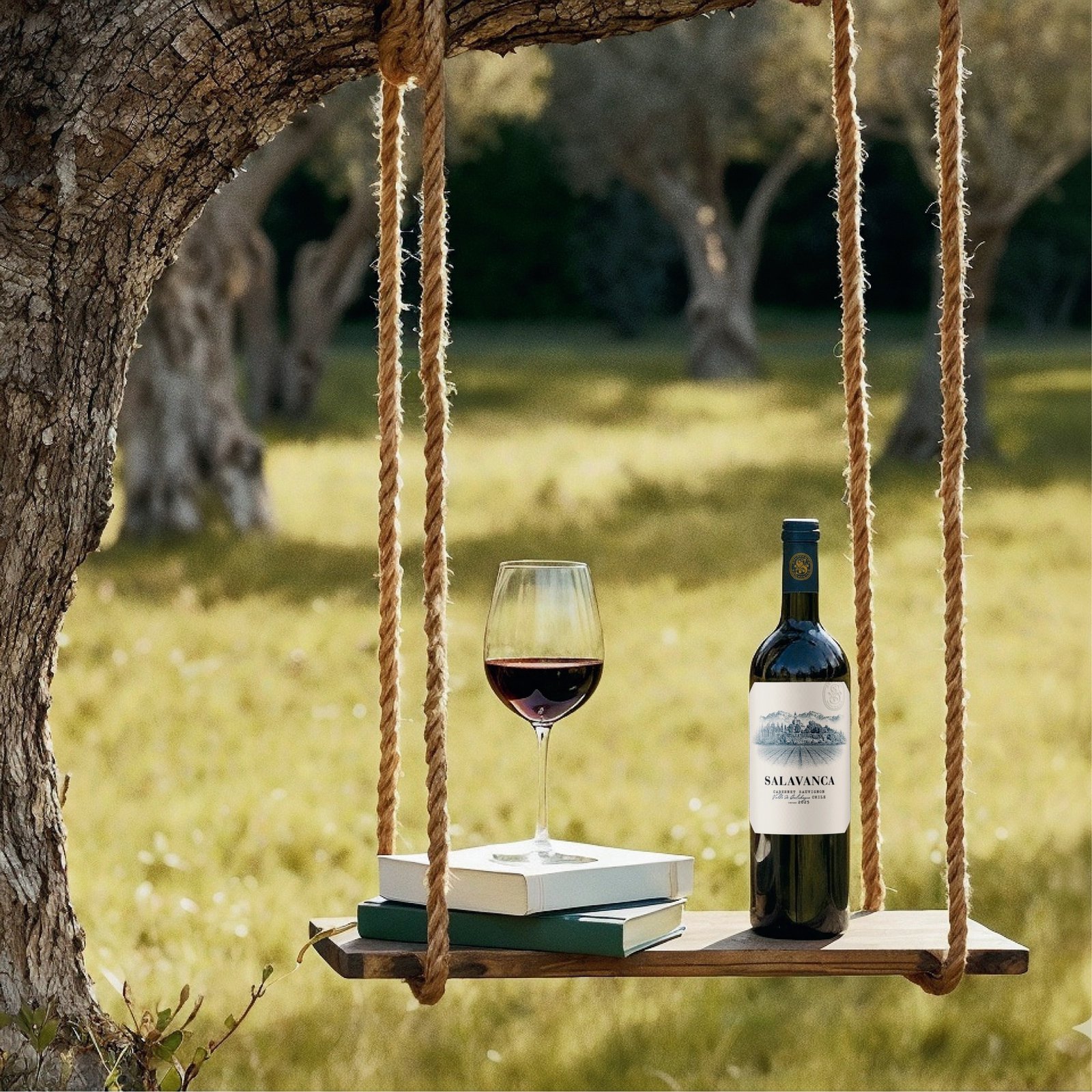 Salavanca Cabernet Sauvignon on a wooden swing under an olive tree at golden hour