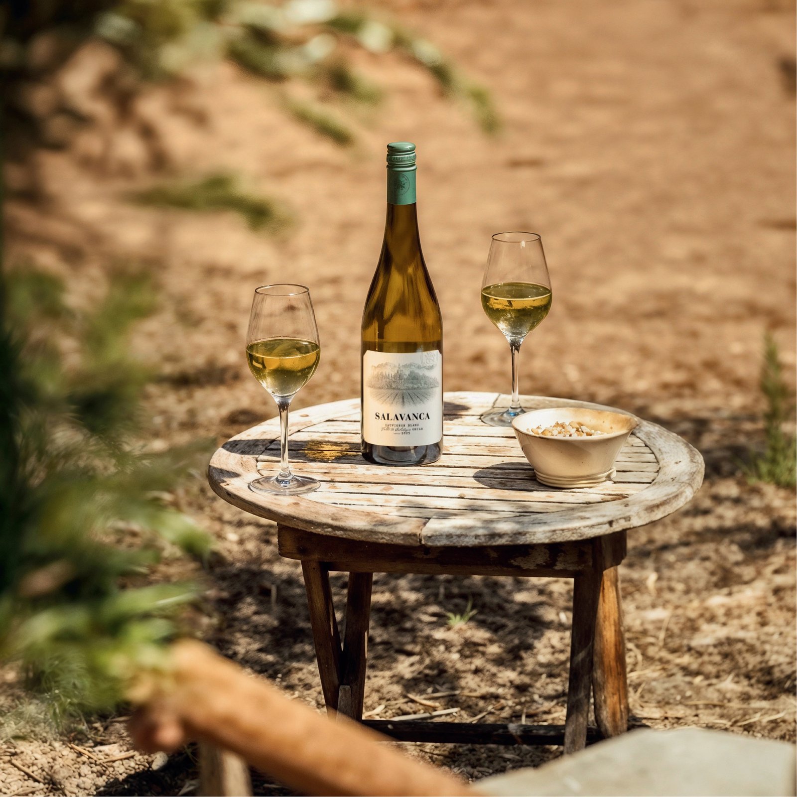 Salavanca Sauvignon Blanc with two wine glasses on a rustic table outdoors
